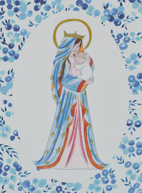 Carte de Baptême - Vierge Couronnée au Lys - Bleu (pic 1)