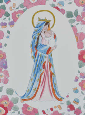 Carte de Baptême - Vierge Couronnée au Lys - Fleurs Rose (pic 1)