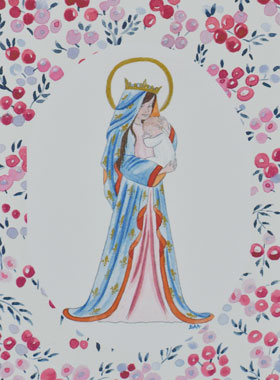 Carte de Baptême - Vierge Couronnée au Lys - Fuchsia (pic 1)