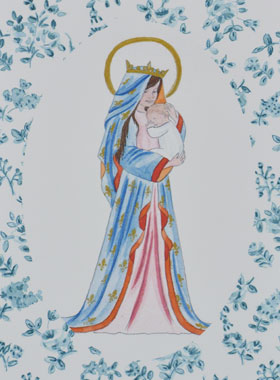 Carte de Baptême - Vierge Couronnée au Lys - Roses Bleu (pic 1)