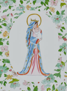 Carte de Baptême - Vierge Couronnée au Lys - Vert (pic 1)