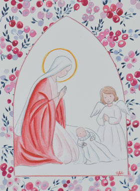 Carte de Baptême - Vierge Marie et Ange-Gardien - Groseille Fuchsia (pic 1)