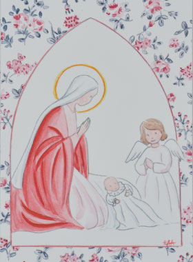 Carte de Baptême - Vierge Marie et Ange-Gardien - Roses (pic 1)