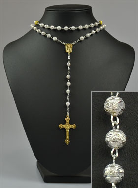 Chapelet Collier Fashion Mode en Perles Sablées Argent et Or - 60 cm (pic 1)