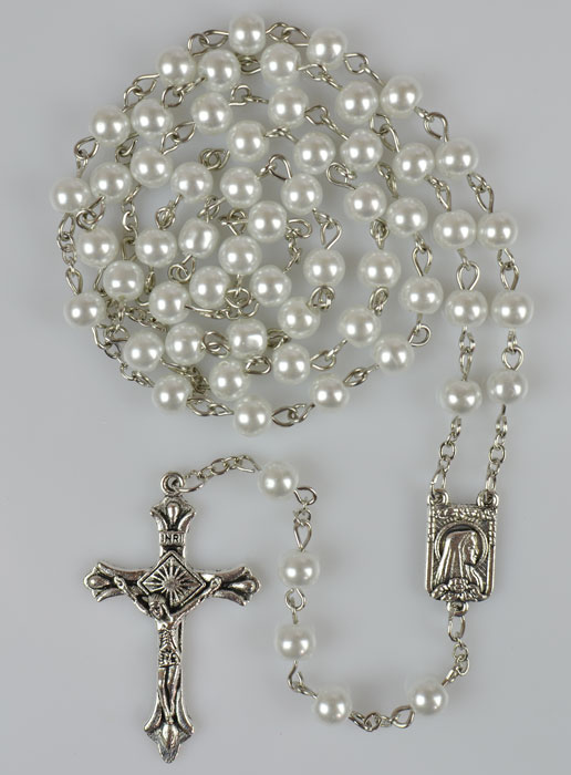 Chapelet en Perles Blanches - Médaille de Lourdes - 60 cm (pic 2)