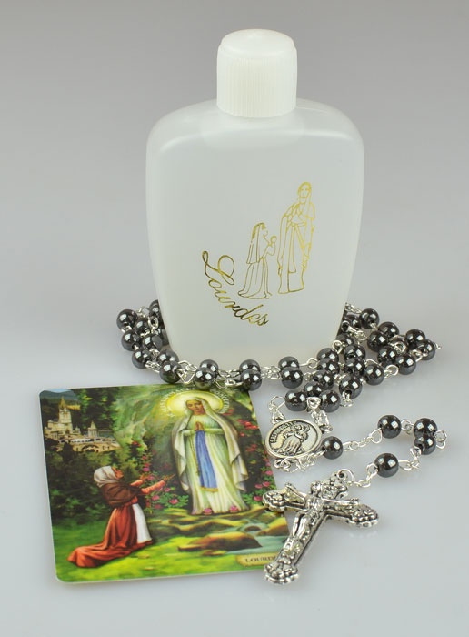 Chapelet de Lourdes en Perles Noires et Gourde Eau de Lourdes (pic 2)