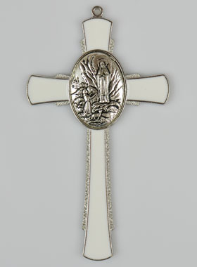 Croix de Lourdes Blanche 10 cm - Médaille des Apparitions (pic 1)