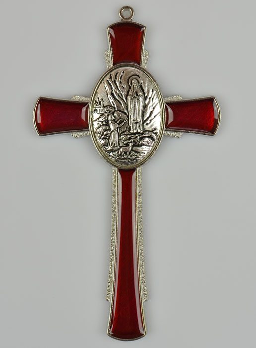 Croix de Lourdes Rouge 10 cm - Médaille des Apparitions (pic 2)