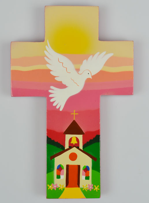Croix en Bois Colombe du Saint Esprit et l'Eglise - Rose (pic 2)