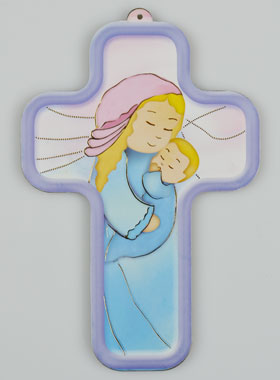 Croix en Bois de Baptême - Vierge Marie à l'Enfant (pic 1)