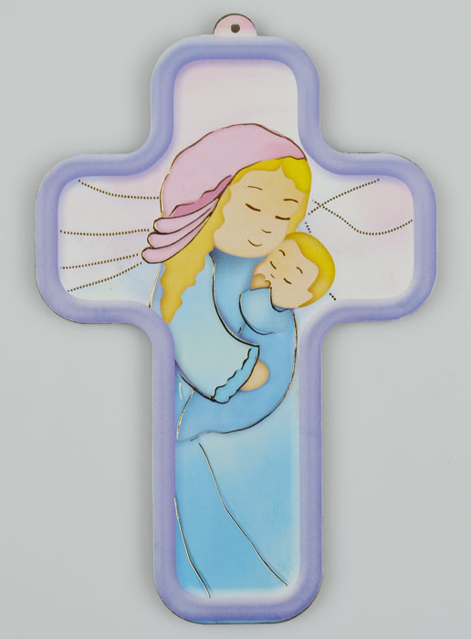 Croix en Bois de Baptême - Vierge Marie à l'Enfant (pic 2)
