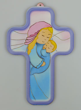 Croix en Bois Enfant - Vierge Marie à l'Enfant Jésus (pic 1)
