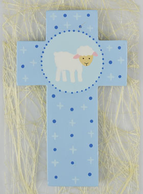 Croix en Bois Petite Brebis Bleu - Cadeau de Baptême (pic 1)
