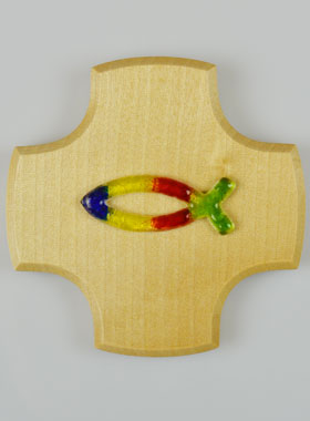 Croix Enfant en Bois d'Erable - Poisson Ichtus en Verre (pic 1)
