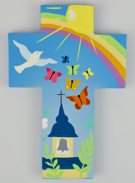 Croix Enfant en Bois Eglise Papillons et Arc-en-ciel  15 cm (pic 2)