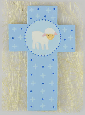 Croix Enfant en Bois Petite Brebis Bleu - 12 cm (pic 1)