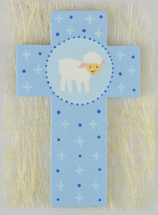 Croix Enfant en Bois Petite Brebis Bleu - 12 cm (pic 2)