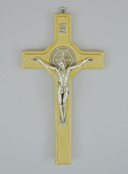 Crucifix Croix de Saint Benoit en Bois Ton Clair - 21cm (pic 2)
