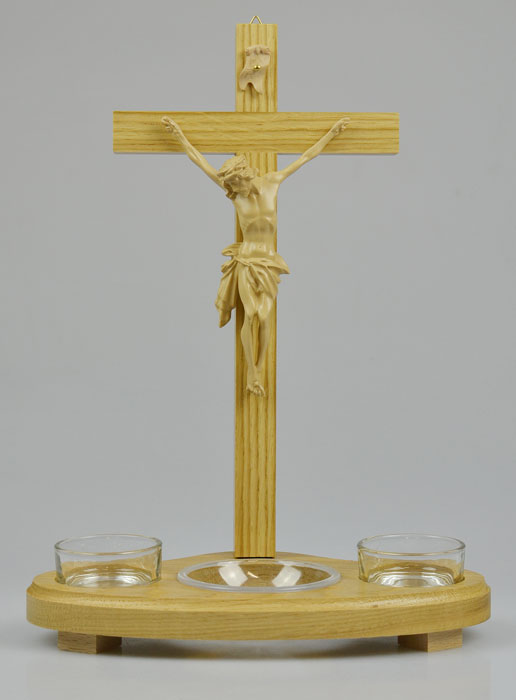 Crucifix du Christ en Bois sur Socle Bougies + Coupelle (pic 2)