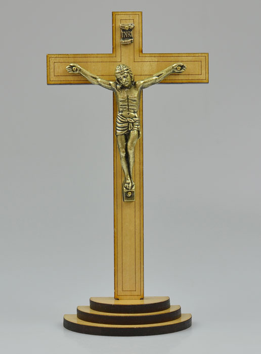Crucifix en Bois Clair et Christ Style Bronze Doré - 16 cm (pic 2)