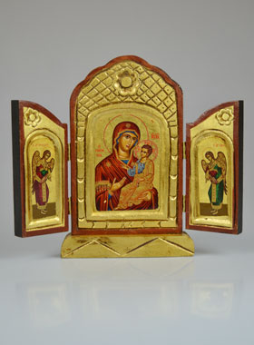 Icône Triptyque Vierge Marie Porte du Ciel sur Feuille d'Or - 26 cm (pic 1)