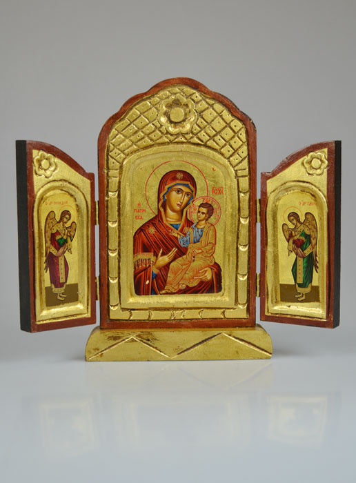 Icône Triptyque Vierge Marie Porte du Ciel sur Feuille d'Or - 26 cm (pic 2)