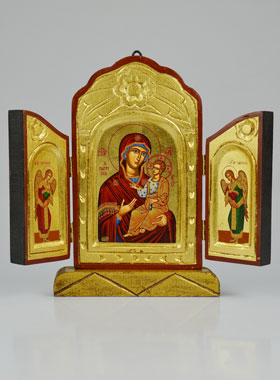 Icône Triptyque Vierge Marie Porte du Ciel sur Feuille d'Or - 26 cm (pic 1)