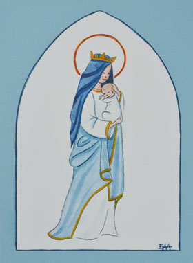 Image de Baptême - Vierge Couronnée à l'Enfant Jésus - Bleu Ciel (pic 1)