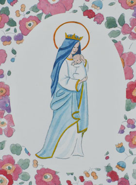Image de Baptême - Vierge Couronnée à l'Enfant Jésus - Fleurs Rose (pic 1)