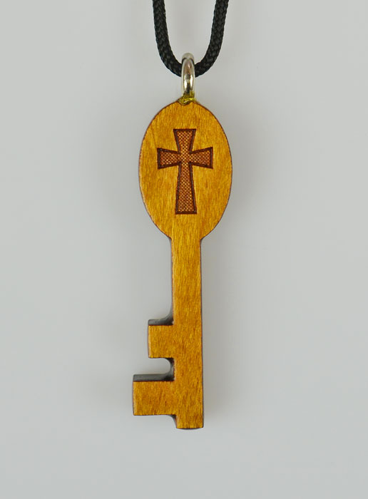 Pendentif Clé du Paradis et Croix en Bois Vernis Sculpté - 4 cm (pic 2)