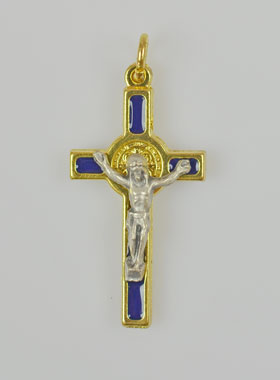 Pendentif Croix de Saint Benoit Dorée - Bleu - 4cm (pic 1)