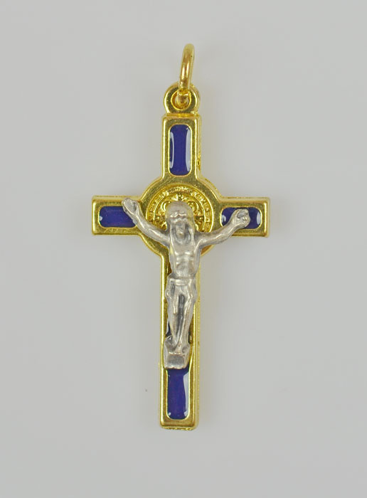 Pendentif Croix de Saint Benoit Dorée - Bleu - 4cm (pic 2)