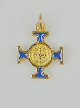 Pendentif Croix de Saint Benoit Dorée - Bleue - 2cm (pic 1)