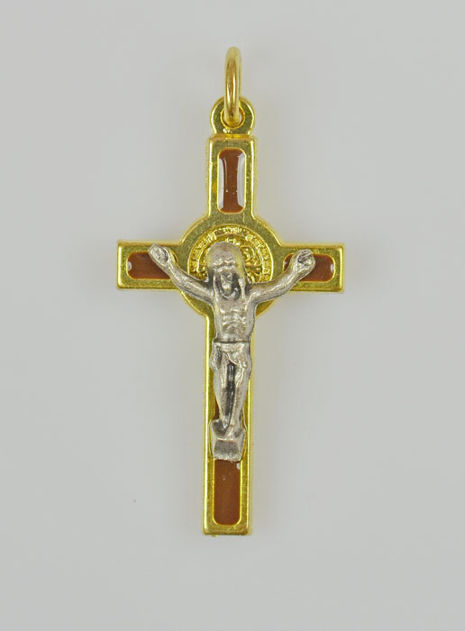 Pendentif Croix de Saint Benoit Dorée - Marron - 4cm (pic 2)
