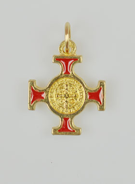 Pendentif Croix de Saint Benoit Dorée - Rouge - 2cm (pic 1)