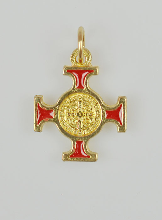 Pendentif Croix de Saint Benoit Dorée - Rouge - 2cm (pic 2)