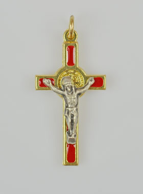 Pendentif Croix de Saint Benoit Dorée - Rouge - 4cm (pic 1)