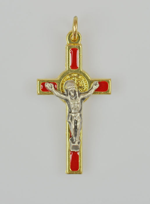 Pendentif Croix de Saint Benoit Dorée - Rouge - 4cm (pic 2)