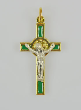 Pendentif Croix de Saint Benoit Dorée - Vert - 4cm (pic 1)