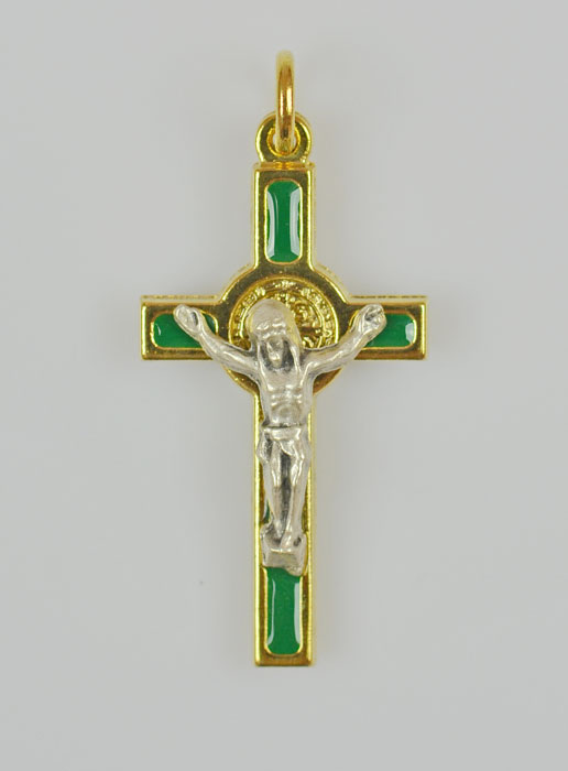 Pendentif Croix de Saint Benoit Dorée - Vert - 4cm (pic 2)