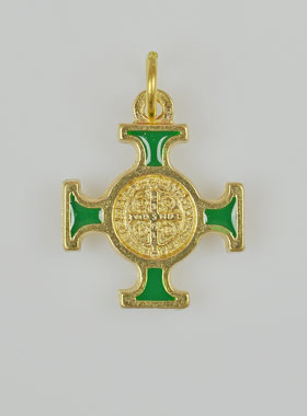 Pendentif Croix de Saint Benoit Dorée - Verte - 2cm (pic 1)