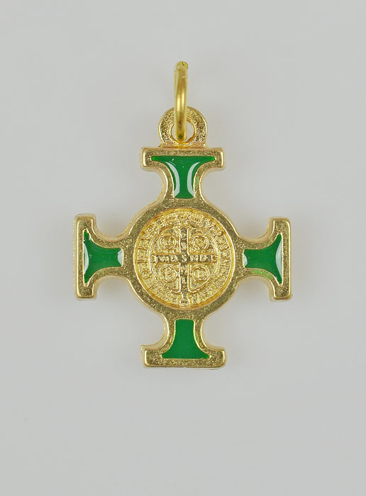 Pendentif Croix de Saint Benoit Dorée - Verte - 2cm (pic 2)