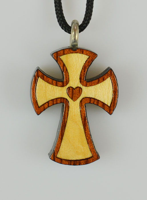 Pendentif Croix en Bois Coeur de Dieu Vernis 2 Tons - 2.5 cm (pic 2)