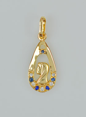Pendentif Goutte Vierge Marie - Diamant Strass Saphir Plaqué Or (pic 1)