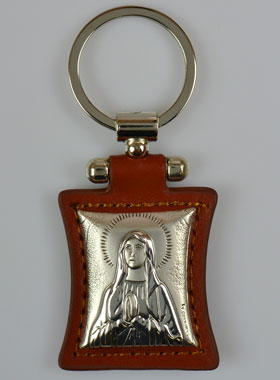 Porte-Clés de Notre Dame de Lourdes en Cuir Marron et Médaille Argent (pic 1)