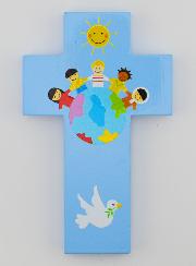 Croix en Bois Enfants du Monde Bleue