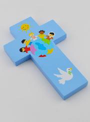 Croix en Bois Enfants du Monde Bleue