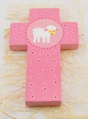 Croix Enfant en Bois Petite Brebis Rose - 12 cm