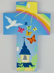 Croix Enfant en Bois Eglise Papillons et Arc-en-ciel  15 cm