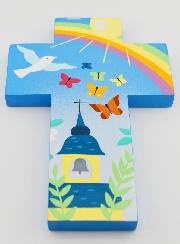 Croix Enfant en Bois Eglise Papillons et Arc-en-ciel  15 cm